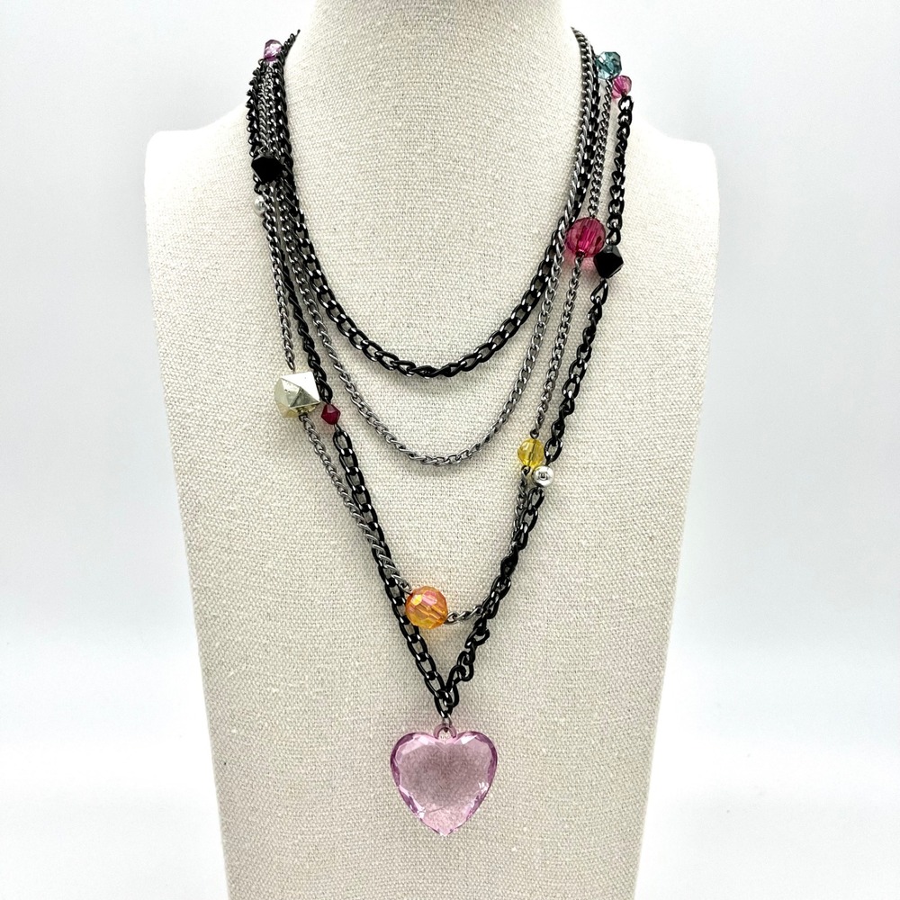 Layered Chain Necklace Colorful Beads Pink Heart Pendant Fashion Jewelry‎